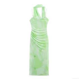 Women's Elegant Halter Neck V-Neck Ruched Mesh Midi Dress Sexy Sleeveless Slim Fit Tie-Dye Solid Bodycon Party Evening Dress For Ladies Summer