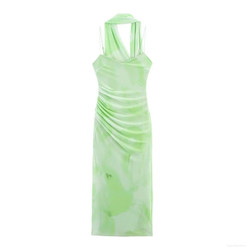 Women's Elegant Halter Neck V-Neck Ruched Mesh Midi Dress Sexy Sleeveless Slim Fit Tie-Dye Solid Bodycon Party Evening Dress For Ladies Summer