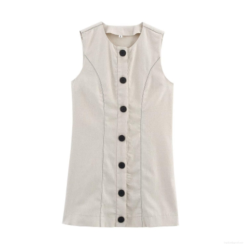 Women's Sleeveless Linen Blend Mini Dress Single Breasted Round Neck Button Up Solid Color Summer Casual Party Vest Dress For Women Fashionable Elegant Slim Fit