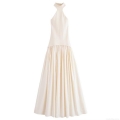 Women's Elegant Halter Neck Pleated Maxi Dress Ivory Patchwork Rib Knit Sleeveless Backless Long Dress For Party Vacation