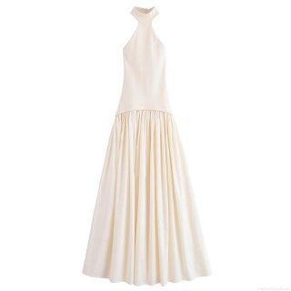 Women's Elegant Halter Neck Pleated Maxi Dress Ivory Patchwork Rib Knit Sleeveless Backless Long Dress For Party Vacation