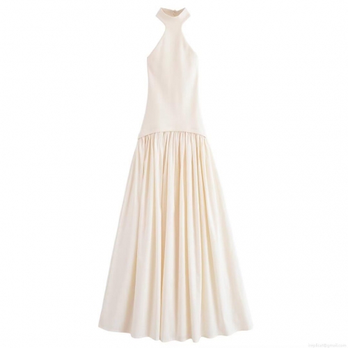 Women's Elegant Halter Neck Pleated Maxi Dress Ivory Patchwork Rib Knit Sleeveless Backless Long Dress For Party Vacation
