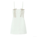 Women's Elegant White Cami Mini Dress With Bow Decoration Polyester Sleeveless Back Zipper Straight Neckline Short Dress For Party Cocktail Date Night