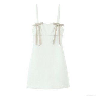 Women's Elegant White Cami Mini Dress With Bow Decoration Polyester Sleeveless Back Zipper Straight Neckline Short Dress For Party Cocktail Date Night