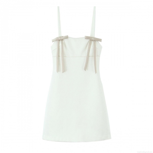 Women's Elegant White Cami Mini Dress With Bow Decoration Polyester Sleeveless Back Zipper Straight Neckline Short Dress For Party Cocktail Date Night
