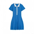 Women's Elegant Polo Collar Knit Mini Dress Contrast Trim Short Sleeve Pleated Tennis Dress Solid Blue Slim Fit Summer Casual Sporty Outfits