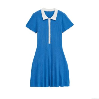 Women's Elegant Polo Collar Knit Mini Dress Contrast Trim Short Sleeve Pleated Tennis Dress Solid Blue Slim Fit Summer Casual Sporty Outfits