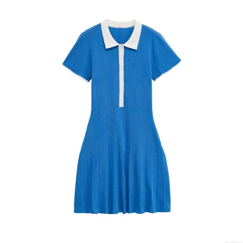 Women's Elegant Polo Collar Knit Mini Dress Contrast Trim Short Sleeve Pleated Tennis Dress Solid Blue Slim Fit Summer Casual Sporty Outfits