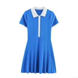 Women Fashion Contrast Color Knitted Polo Dress Short Sleeve Pleated Hem Mini Dress Summer Casual Elegant Bodycon Sweater Dress For Ladies