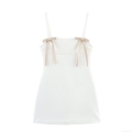 Elegant Women's Bow Decor Satin Camisole Mini Dress Sleeveless V-Neck Slim Fit Party Banquet Short Dress Solid White Summer Sexy Bodycon Dress