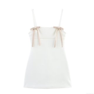 Elegant Women's Bow Decor Satin Camisole Mini Dress Sleeveless V-Neck Slim Fit Party Banquet Short Dress Solid White Summer Sexy Bodycon Dress