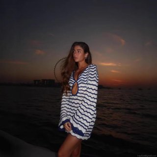 Women's Blue White Wave Striped Crochet Knit Mini Dress Long Flare Sleeve Hollow Out Bodycon Bohemian Beach Vacation Sexy Sundress