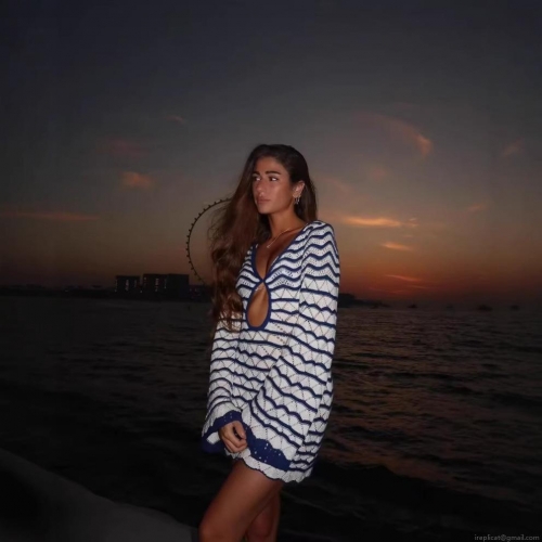 Women's Blue White Wave Striped Crochet Knit Mini Dress Long Flare Sleeve Hollow Out Bodycon Bohemian Beach Vacation Sexy Sundress
