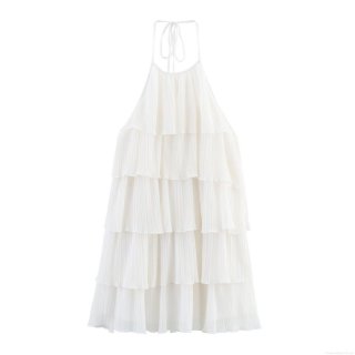 Women Elegance White Halter Neck Tiered Mini Dress Pleated Chiffon Ruffle Cake Skirt Sleeveless Backless Sundress For Party Vacation
