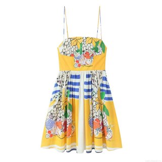 Women Summer Fruit Floral Print Spaghetti Strap Maxi Dress Elegant Yellow Sleeveless Poplin Camisole Dress For Vacation Party