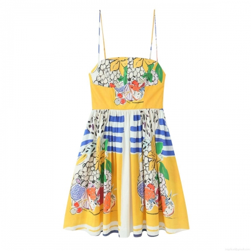 Women Summer Fruit Floral Print Spaghetti Strap Maxi Dress Elegant Yellow Sleeveless Poplin Camisole Dress For Vacation Party