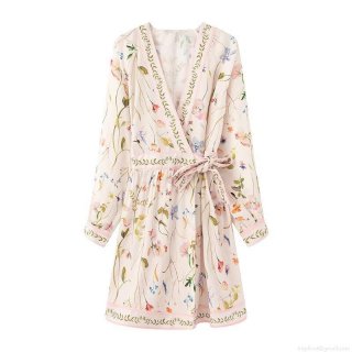 French Style V-Neck Wrap Dress Elegant Floral Print Long Sleeve Polyester Blend Midi Dress With Waist Tie For Women Casual Vacation Spring Outfits