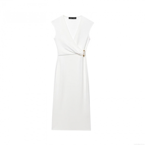 Women Elegant Sleeveless V-Neck Midi Dress With Gold Metal Pin Decoration Solid White Slim Fit Straight Sheath Dress For Summer Party Office Lady