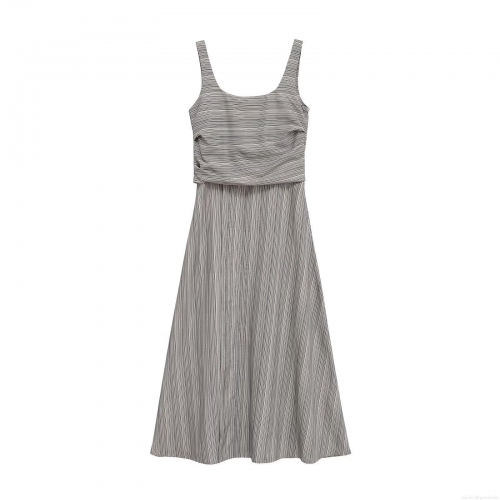 Women's Striped Sleeveless Maxi Dress Elegant Round Neck High Waist Bodycon Summer Knit Texture Long Sundress for Women