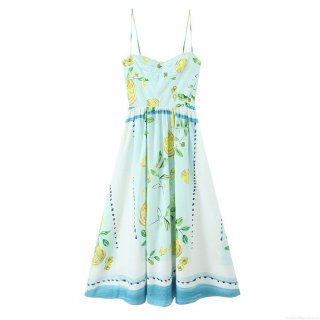 Women's Summer Lemon Print Spaghetti Strap Midi Dress Elegant Backless Tie-Back A-Line Light Blue Vacation Beach Party Sundress