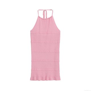 Women Elegant Pink Waffle Knit Halter Mini Dress Sleeveless Backless Ruffle Hem Sexy Bodycon Polyester Dress For Party Club Summer