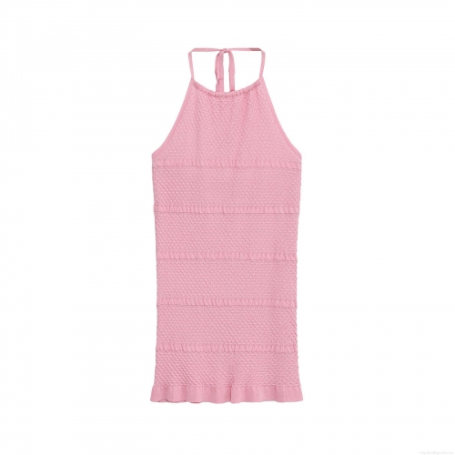 Women Elegant Pink Waffle Knit Halter Mini Dress Sleeveless Backless Ruffle Hem Sexy Bodycon Polyester Dress For Party Club Summer