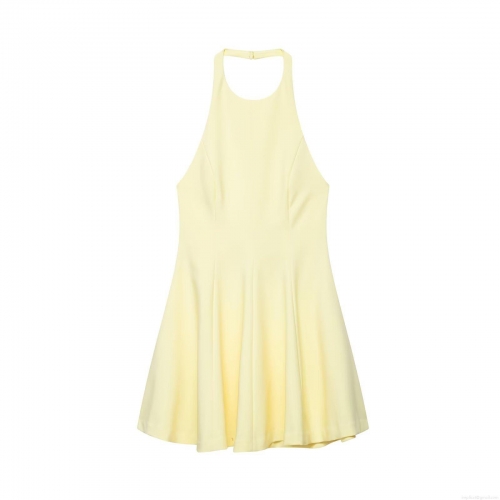 Halter Neck Mini Dress 100% Polyester Wavy Trim Sleeveless A-Line Back Zipper Solid Color Elegant Summer Vacation Party Dress For Women