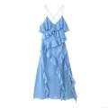 Women Camisole Dress Polyester Chiffon Ruffle Layered V-Neck Cross Backless Sky Blue Maxi Dress Elegant Party Vacation Summer Clothing