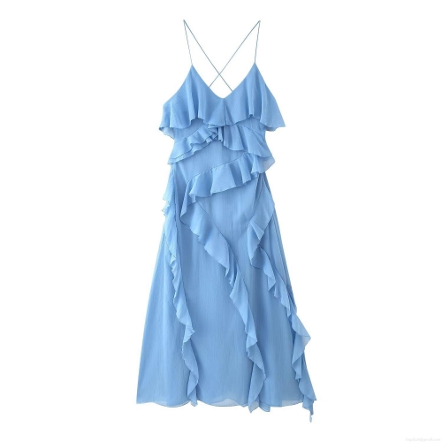 Women Camisole Dress Polyester Chiffon Ruffle Layered V-Neck Cross Backless Sky Blue Maxi Dress Elegant Party Vacation Summer Clothing