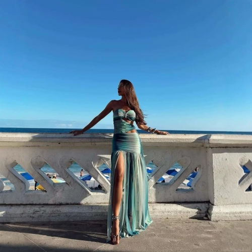 Women Blue Green Gradient Mesh Maxi Dress With Cutout Waist High Slit Backless Starfish Buckle Elegant Vacation Beach Party Long Dress
