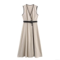 Elegant Women's V-Neck Sleeveless Linen Blend Midi Dress With Belt Contrast Piping Single-Breasted A-Line Summer Office Career Long Dress