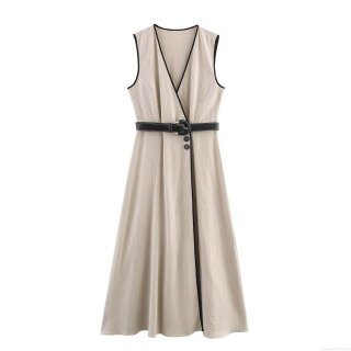 Elegant Women's V-Neck Sleeveless Linen Blend Midi Dress With Belt Contrast Piping Single-Breasted A-Line Summer Office Career Long Dress