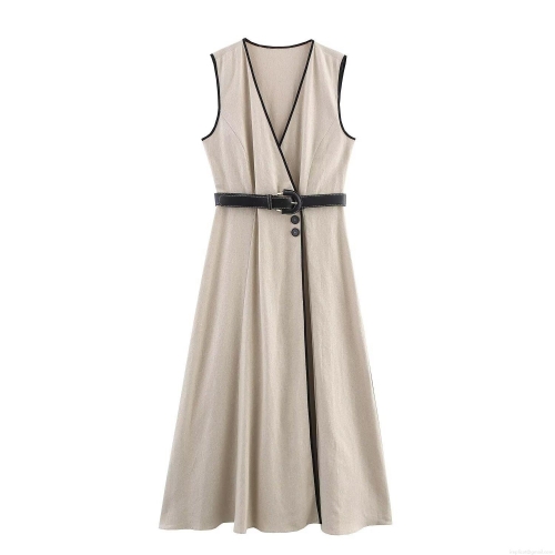 Elegant Women's V-Neck Sleeveless Linen Blend Midi Dress With Belt Contrast Piping Single-Breasted A-Line Summer Office Career Long Dress