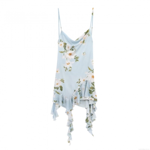 Women Elegant Light Blue Floral Mesh Mini Dress Cowl Neck Asymmetrical Ruffle Hem Spaghetti Strap Backless Sleeveless Short Dress For Summer Party Vacation
