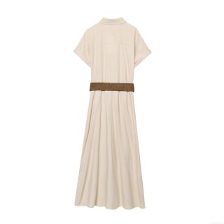 Women's Short Sleeve Shirt Dress With Braided Belt Elegant Cotton Linen Blend Maxi Dress Casual Solid A-Line Button Down Long Dress For Summer Vacation Office Lady