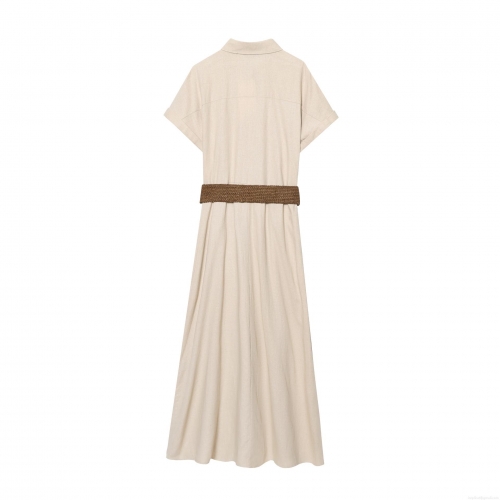 Women's Short Sleeve Shirt Dress With Braided Belt Elegant Cotton Linen Blend Maxi Dress Casual Solid A-Line Button Down Long Dress For Summer Vacation Office Lady