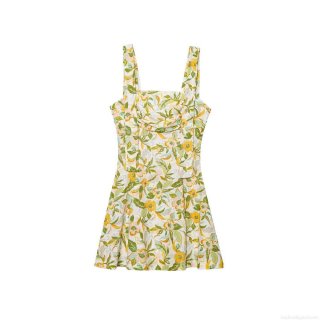 Women's Floral Print Linen Blend Mini Dress Square Neck Sleeveless A-Line Sling Sundress Casual Elegant Short Dress For Summer Vacation