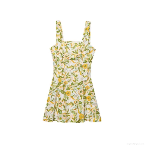 Women's Floral Print Linen Blend Mini Dress Square Neck Sleeveless A-Line Sling Sundress Casual Elegant Short Dress For Summer Vacation