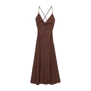 Women Sexy V-Neck Backless Maxi Dress With Beaded Cross Straps Elegant Coffee Linen Blend Sleeveless Summer Vacation Long Dress