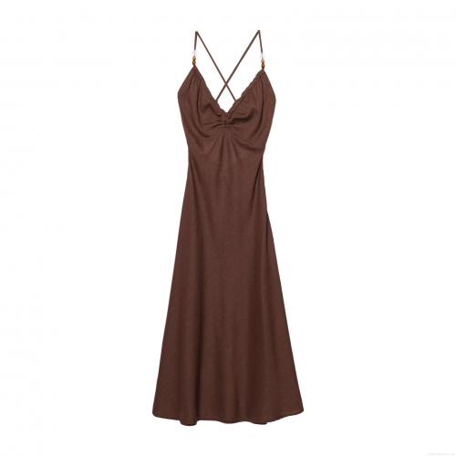 Women Sexy V-Neck Backless Maxi Dress With Beaded Cross Straps Elegant Coffee Linen Blend Sleeveless Summer Vacation Long Dress
