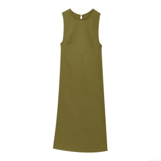 Women's Sleeveless Maxi Dress Cotton Linen Blend Round Neck Backless Cut Out Plain Olive Green Elegant Summer Beach Casual Party Dress