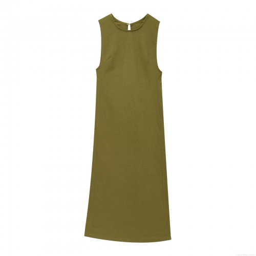 Women's Sleeveless Maxi Dress Cotton Linen Blend Round Neck Backless Cut Out Plain Olive Green Elegant Summer Beach Casual Party Dress