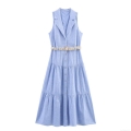 Women's Elegant Sleeveless Linen Blend Midi Dress With Braided Belt V Neck Single Breasted Tiered Summer Maxi Dress For Casual Party