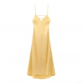 Women's Elegant Satin V-Neck Backless Cami Midi Dress Solid Yellow Polyester Sexy Evening Party Clubwear Slip Dresses For Women