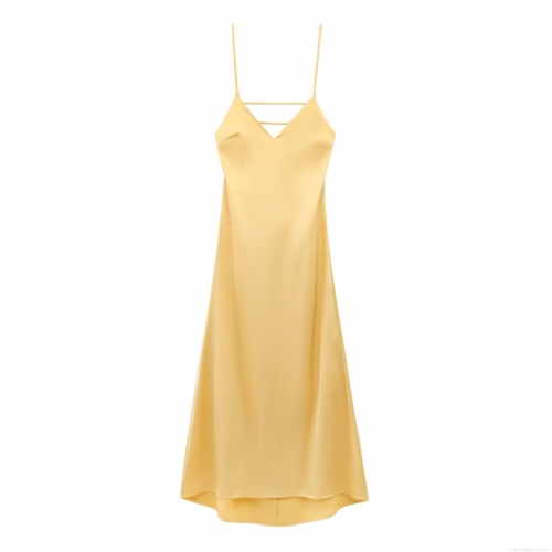 Women's Elegant Satin V-Neck Backless Cami Midi Dress Solid Yellow Polyester Sexy Evening Party Clubwear Slip Dresses For Women