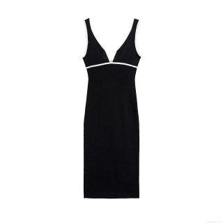 Elegant Contrast Trim V-Neck Sleeveless Slim Fit Knit Midi Dress Mercerized Cotton Black White Bodycon Tank Dress For Women Party Daily Wear