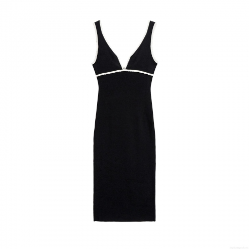 Elegant Contrast Trim V-Neck Sleeveless Slim Fit Knit Midi Dress Mercerized Cotton Black White Bodycon Tank Dress For Women Party Daily Wear