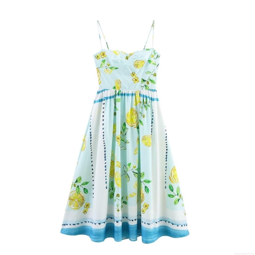 Women Summer Lemon Print Dress Spaghetti Strap Back Bow Tie A-Line High Waist Swing Midi Dress For Vacation Holiday Party Elegant Lady Beachwear