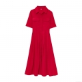 Women's Elegant Solid Red Poplin Shirt Dress Short Sleeve Lapel Collar Double Pockets High Waist Tie Pleated Big Swing A-Line Midi Dress For Office Lady Party Wear