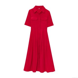 Women's Elegant Solid Red Poplin Shirt Dress Short Sleeve Lapel Collar Double Pockets High Waist Tie Pleated Big Swing A-Line Midi Dress For Office Lady Party Wear